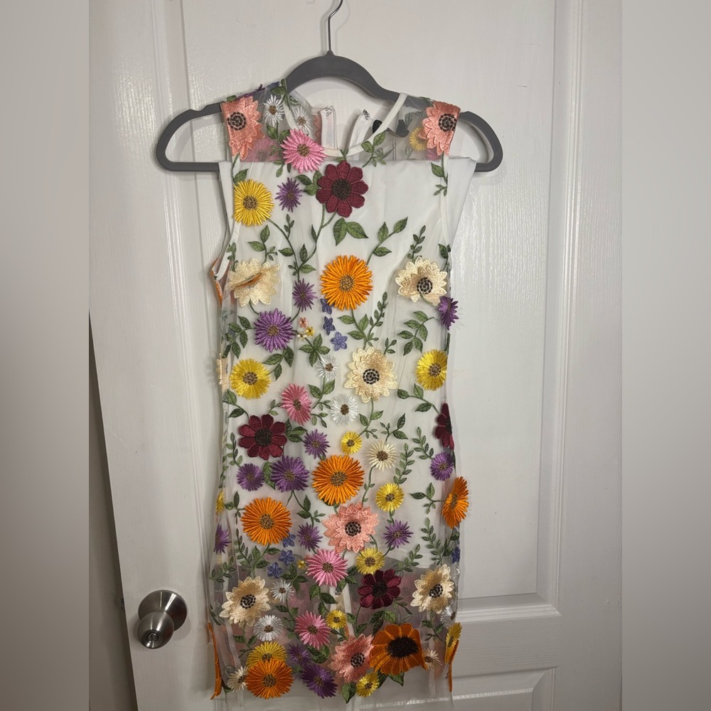 White strapless slip with see through mesh flower dress Fashion Nova